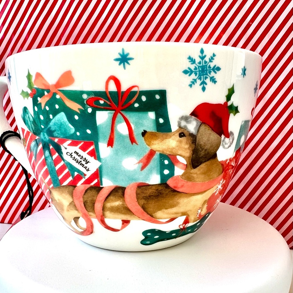 Christmas Dachshund Puppy Dog Wrapped in Ribbon & Gifts Large Bone China Mug